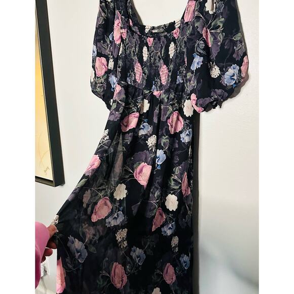 Nicholas Black Purple Floral 100% Silk Square Neckline A-Line Maxi Dress size 10 - Picture 7 of 14